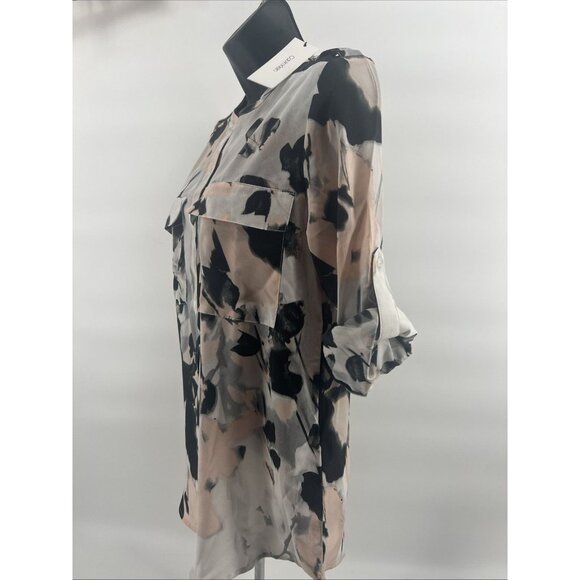 NEW Calvin CK Floral Crepe Chine Split V-Neck Roll-Tab Sleeve Blouse NWT XS CK - Picture 3 of 12